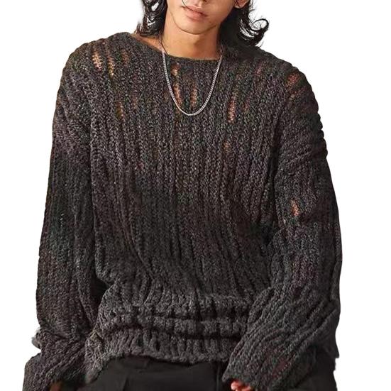 Men Sweater Round Neck Long Sleeve Hollow Out Sexy Perspective Pullover Tops Solid Color Knitting Tops Casual Work Street Wear