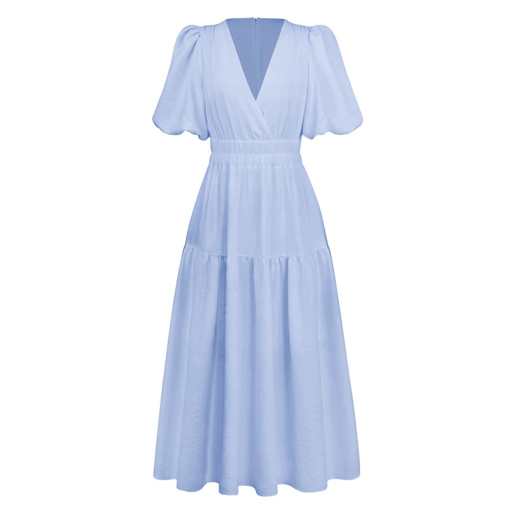 women's High Waist Puff Sleeve V Neck Midi Dress Solid Color Vacation Casual Party Dress