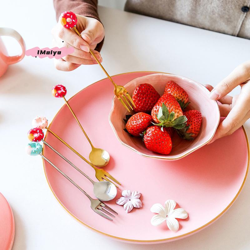 Cute Stainless Steel Donut Shaped Spoon Fork Ice Cream Cake Dessert Spoons Coffee Stirring Spoon Candy Cartoon Teaspoon