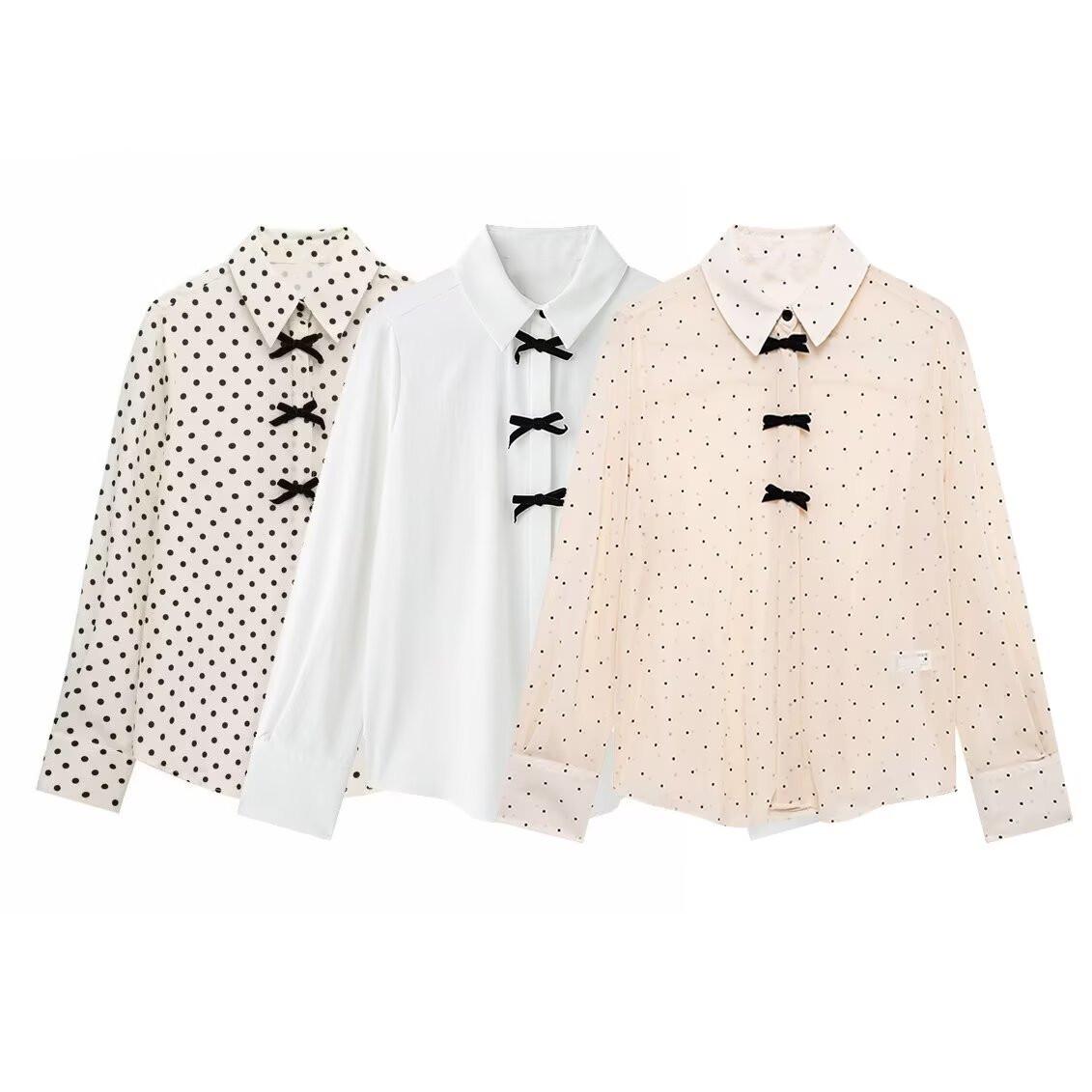 

Spring 2025 Women s Polka Dot Bow-Knot Blouse S белый