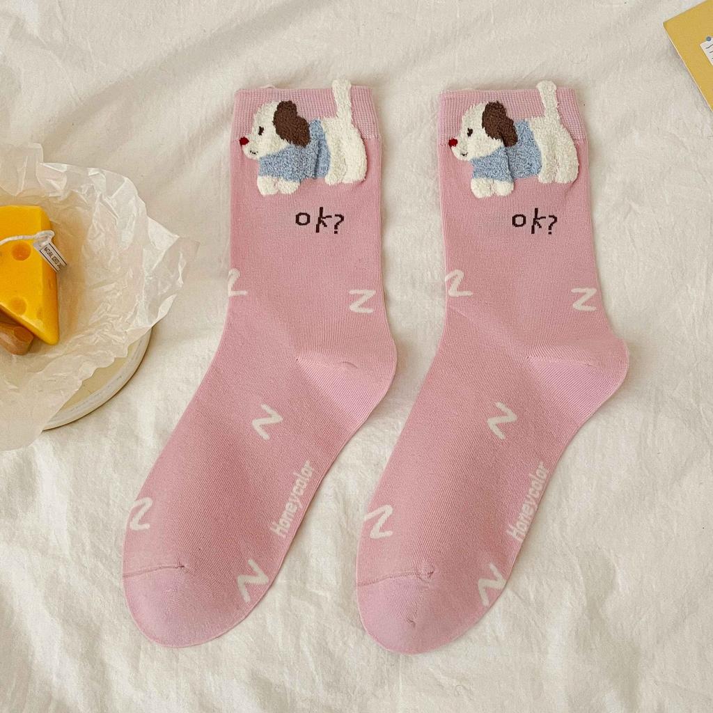 Boneless Socks Medium Tube Socks Flocked Cotton Socks Monsoon Cute Cartoon Bear Sweat-Absorbing Stockings