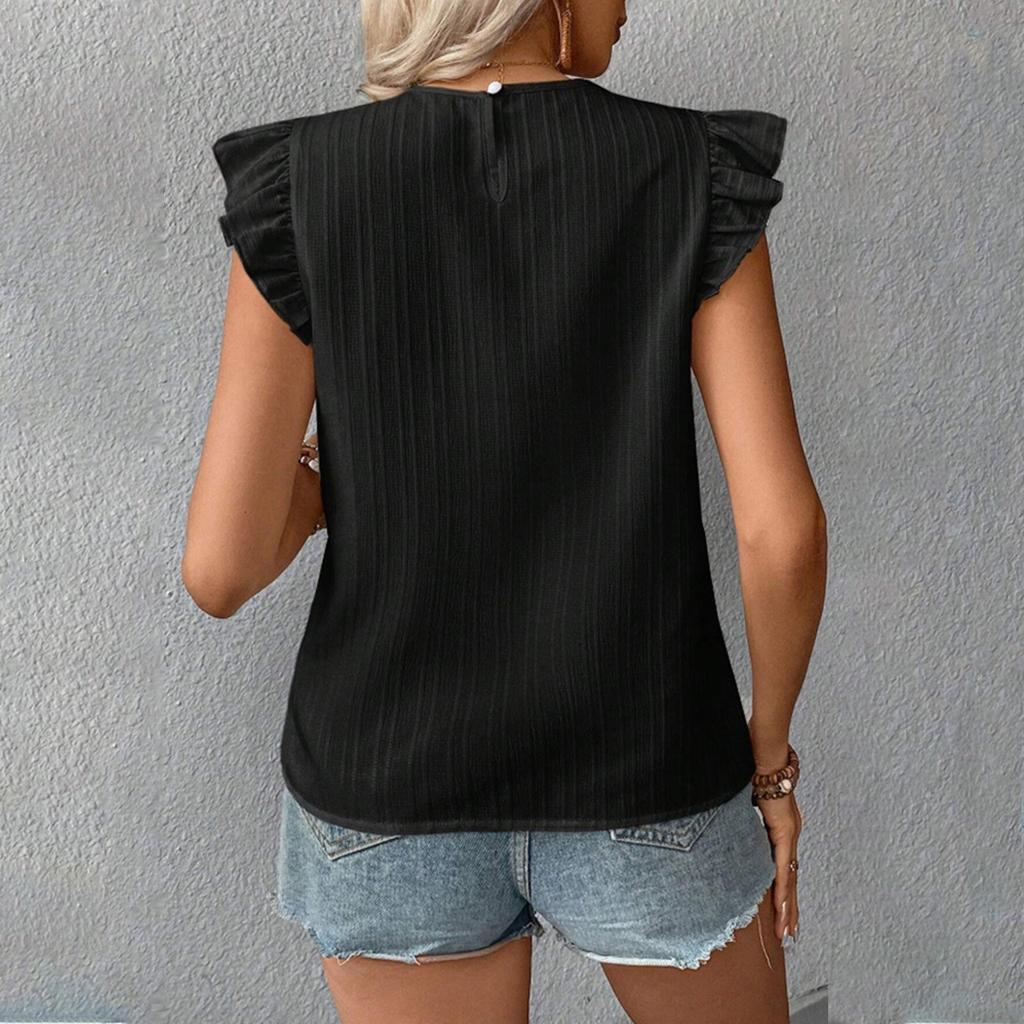 Women's Fashionable Round Neck Hollow Lace Short Sleeved Casual Shirt Top