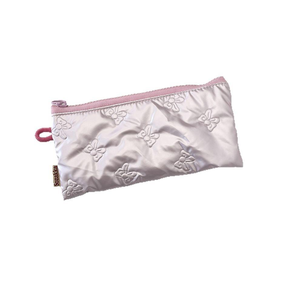Classic Bowknot Pu Pencil Case With Zipper Closure For Students And Girls