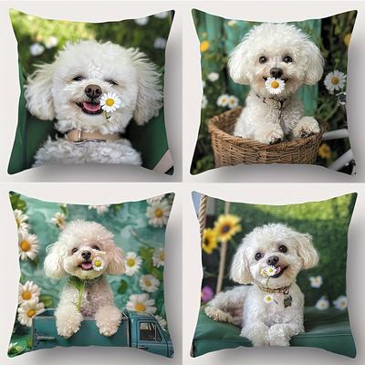 Süße weiße Hunde mit Gänseblümchen-Muster Wurfkissen Polyester-Kissenbezug, dekoratives Sofakissenbezug Kopfteilkissen