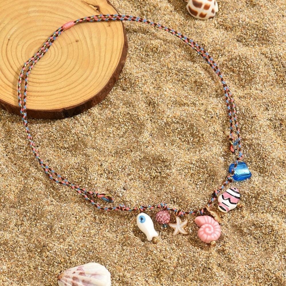 

Vintage Ceramic Fish Pendant Orange Weave Shell Choker Jewelry Beach Party Necklace Dopamine Style розы красного