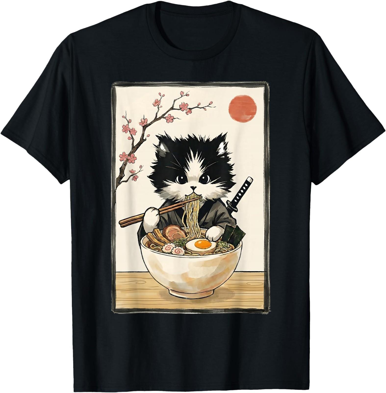 Samurai Cat Japanese Art Ramen Novelty Kawaii Funny Cat T-Shirt M