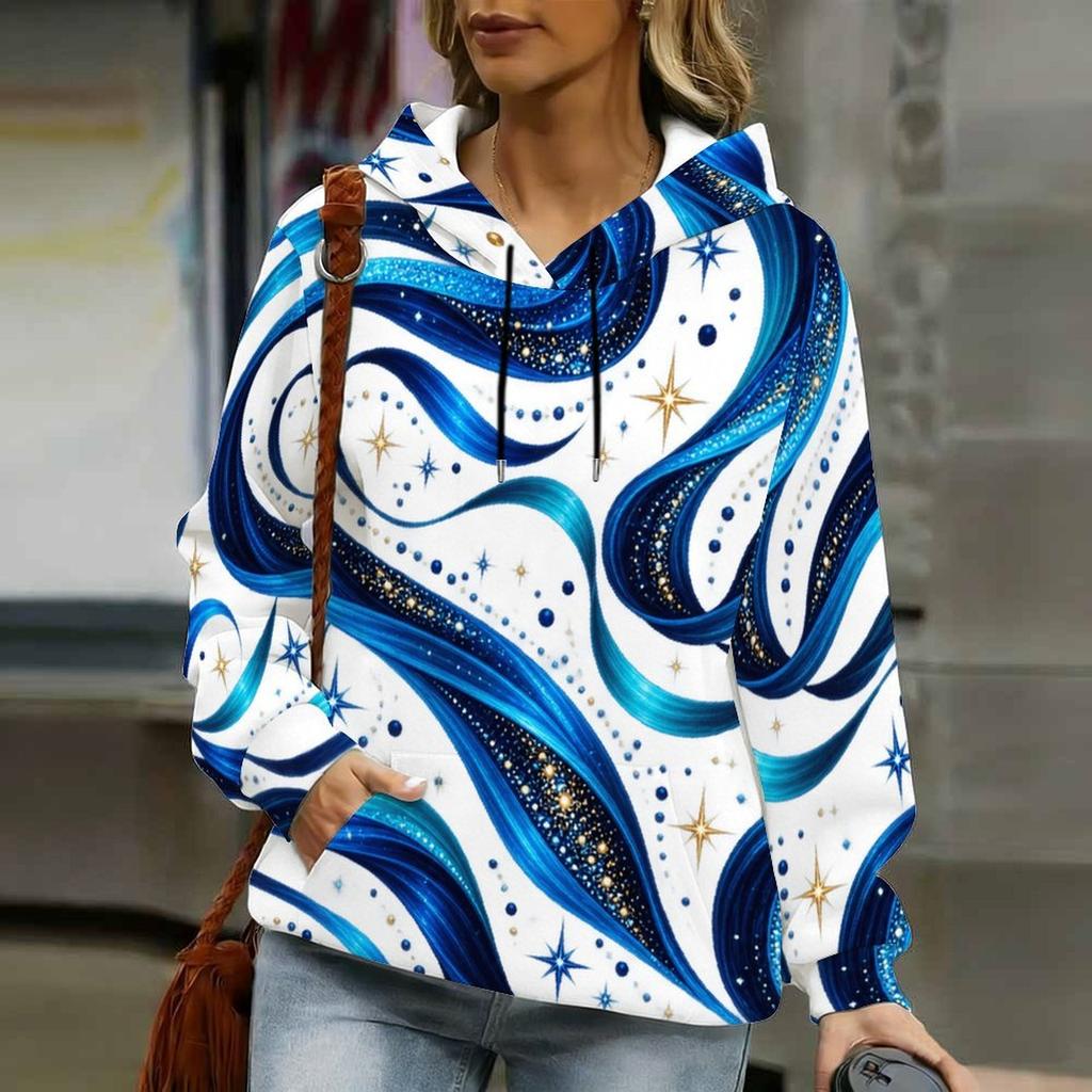 Women Plus Size Beige Pink Printed Long Sleeve Drawstring Hoodie Kangaroo Pocket Sweatshirt