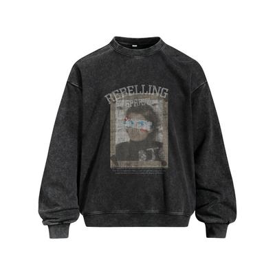 Mens Oversized Crewneck Sweatshirt With Vintage Washed Graphic Print Streetwear Casual Pullover Fall