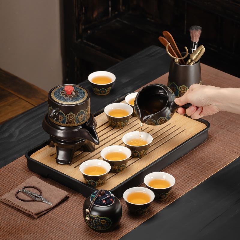 High-end black ancient rhyme tea set, home office light luxury automatic lazy tea set, a complete set of custom-printed holiday gifts