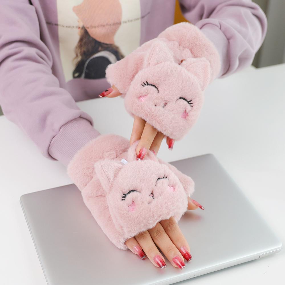 Cute Cat Fur Mittens Women Winter Gloves for Girls Animal Ear Flip Plush Glove Fingerless Thicken Warm Mittens