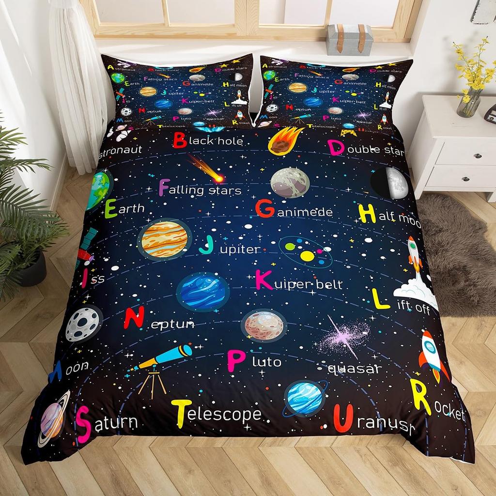 Outer Space Planet Galaxy Duvet Cover Twin King Kids Cartoon Bedding Set ABC Alphabet Learning Comforter Cover with 2 Pillowcase