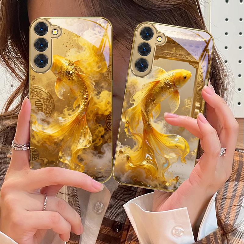 Harmonious Golden Carp For Samsung Galaxy S20 FE S21 S22 S23 Plus S24 Ultra 25Ultra S21+ S9+ S22Plus Golden Glass Phone Case