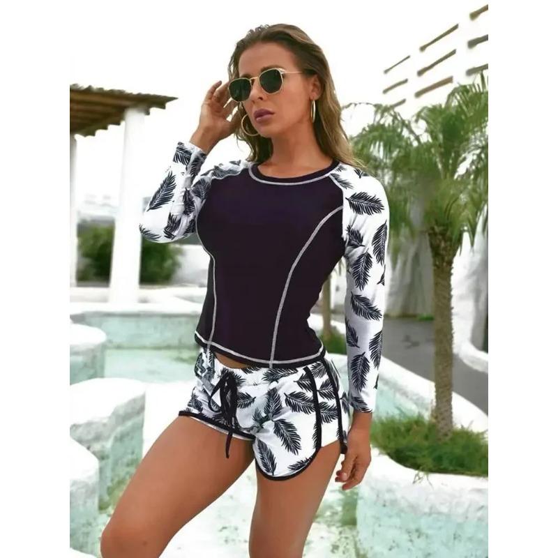 New Long Sleeve Surfing Wetsuit Digital Print Flat Angle Bikini Set Women's Swimming Costume Diving Suit