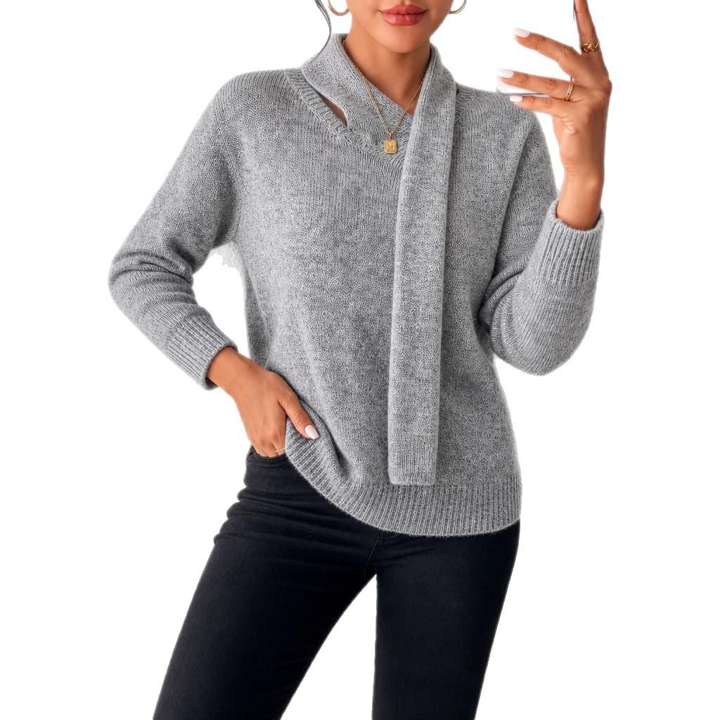 Design scarf collar knitted sweater women's autumn and winter loose V-shaped fake two-piece long-sleeved pullover casual knitted top