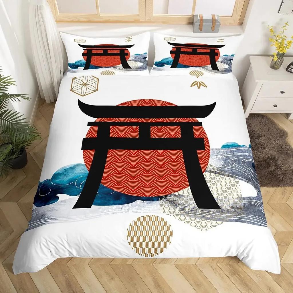 Japanese Style Crane Duvet Cover Set Full Size,Exotic Red Sun Sea Waves Bedding Sets,Vintage Ukiyoe Traditional Comforter Cover