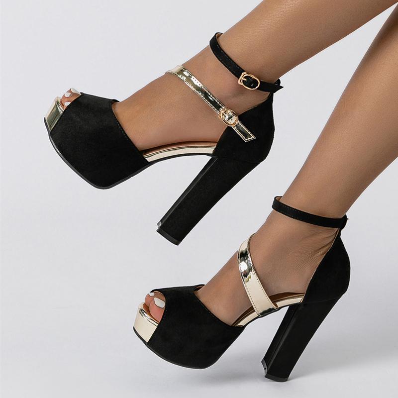 Fashion Liyke Fashion Double Buckle Strap Women Chunky Platform Sandals Sexy Thick Bottom Peep Toe 12.5CM Square High Heels Banquet Shoe