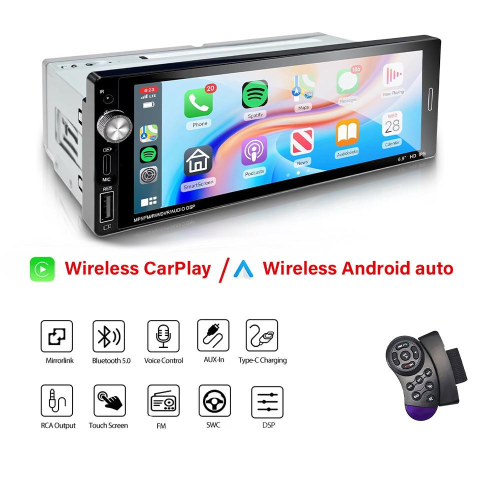 

1Din 6.9 CarPlay Android Auto Бездротове/Дротове Універсальне Автомагнітола MP3 MP5 Мультимедіа FM Стерео 1 Din USB TYPE-C Швидка Зарядка wireless-C06-0
