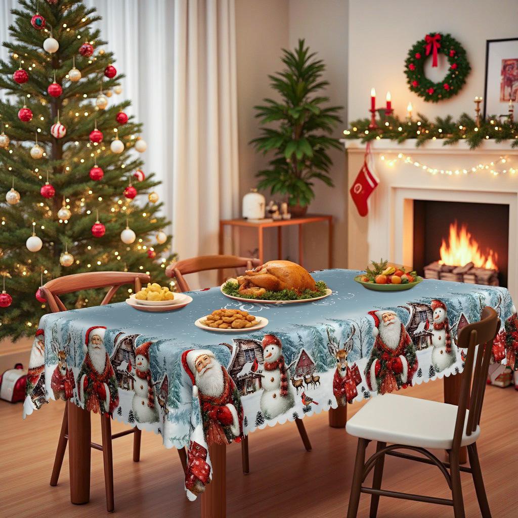 Christmas Blue Tablecloth, Santa Claus Snowman Elk Snow Scene, Table Decoration, Home Fabric, Party Arrangement
