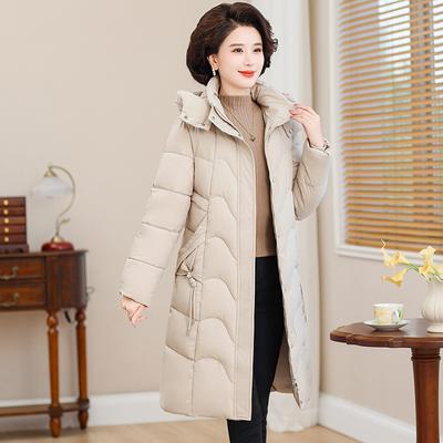 Middle-aged and Elderly Plus Size Cotton-padded Jacket Girls' Long Hooded Winter Mother Temperament Knee-thick Down Cotton-padded Jacket.