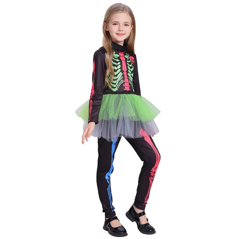 

Костюм скелета на Хэллоуин для девочек 4-10 лет, красочный боди скелета с сетчатой юбкой S