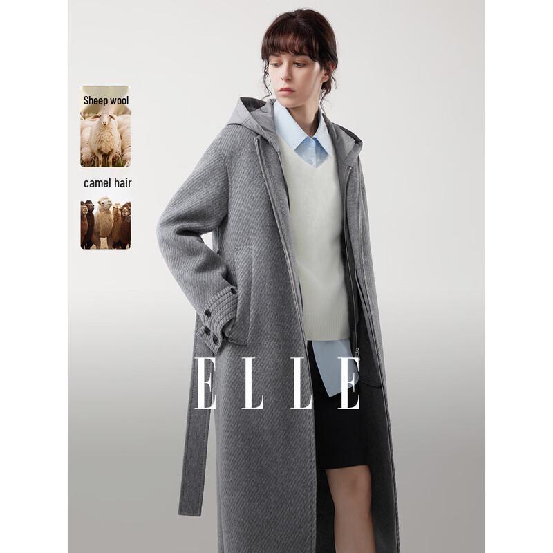 

ELLE Women s Hooded Merino Wool Double-faced Long Coat L