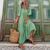 Women Bohemian Floral Print Dress V Neck A Line Maxi Beach Dress with Puff Sleeves Casual Loose Printed High Waist Swing Hem Dress for Beach Party