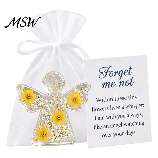 Regalo Angelo Custode tascabile, Ricordo Fiore Secco Non Ti Scordar Di Me, Mini Statuetta Tascabile in Acrilico Abbraccio, Ornamento Floreale Fatto a Mano, Conforto Memoriale