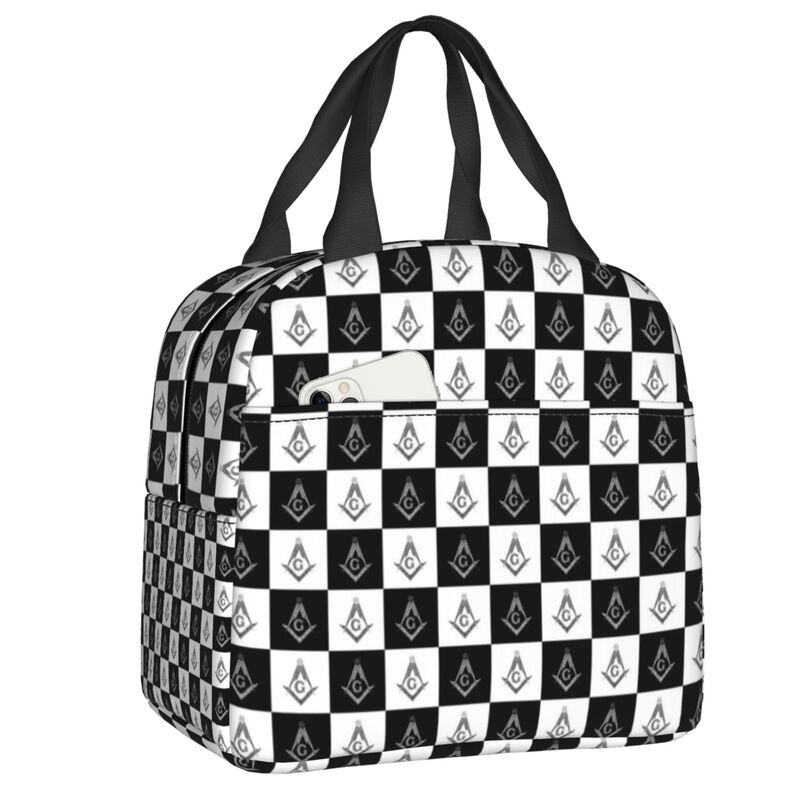 Custom Freemason Logo Portable Lunch Boxes for Women Multifunction Thermal Cooler Food Insulated Lunch Bag Kids School Children 22x20x13cm