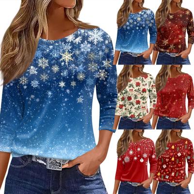 Women's T Shirt Christmas Print 3/4 Sleeve Daily Weekend Fashion Basic Round Neck Regular Top