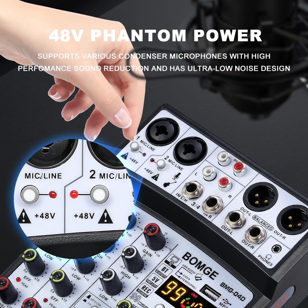 BOMGE 99DSP Echo DJ Audio Sound Mixer Interface Mixing Console Karaoke MP3 USB Bluetooth Stereo Record 48V Phantom Power 5V Power Supply 4-Channel