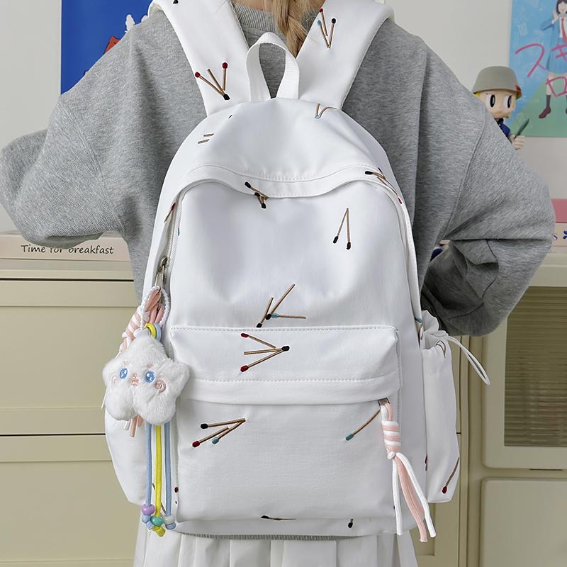 Matchstick Print Backpack for Women and Girls Fashion School Travel Daypack with Tassel Detail