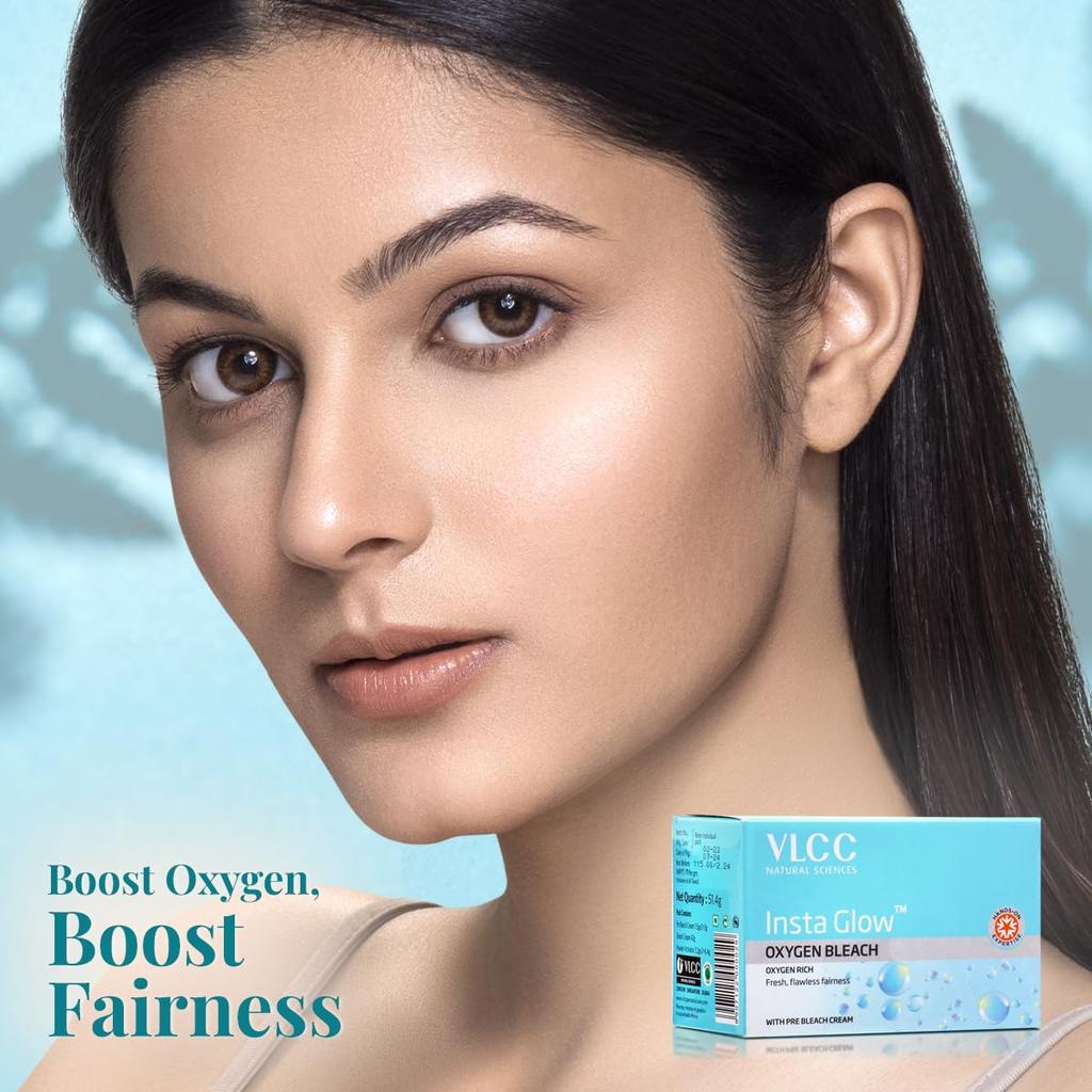 VLCC Insta Glow Oxygen Bleach 51g X 4 Pack | Brightens Skin, Reduces Facial Hair Visibility, Smooth Fair Complexion