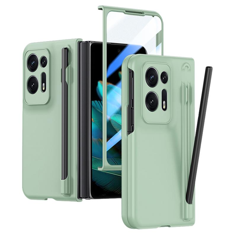 

For Oppo Find N2 5G PC Phone Case Skin Touch Phone Cover with Tempered Glass Film/Stylus Pen Mint Green
