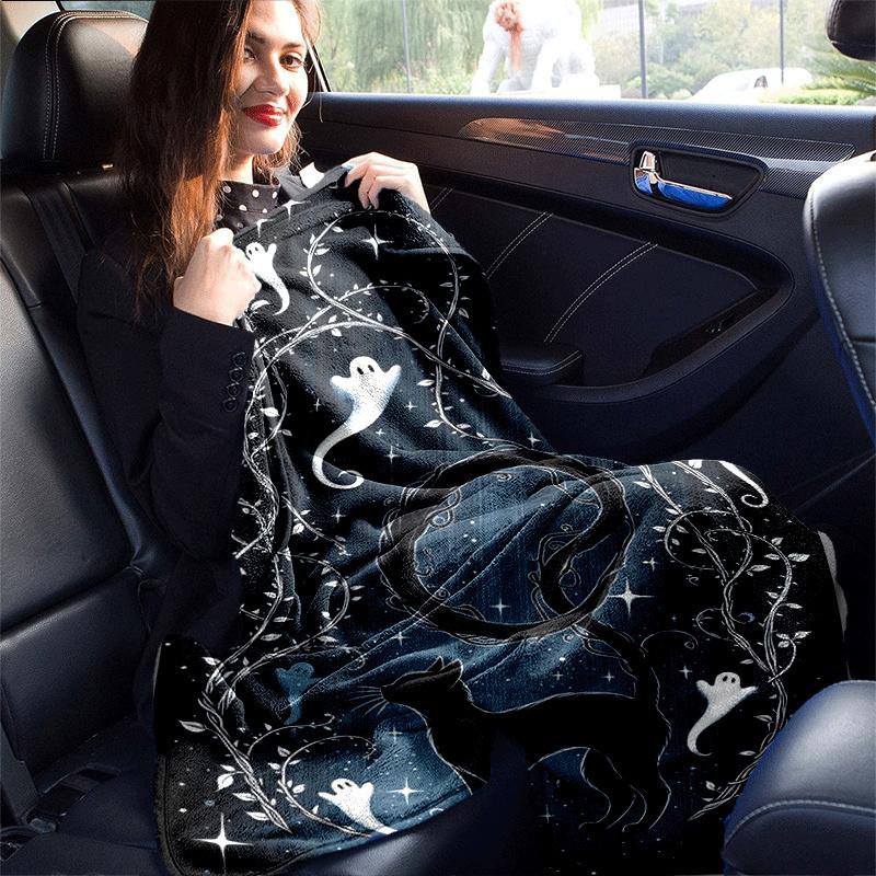 1pc Black Cat Printing Lightweight Flannel Blanket, Comfortable and Warm Blanket, for Camping Sofa Bed and Couch Office, in All Seasons