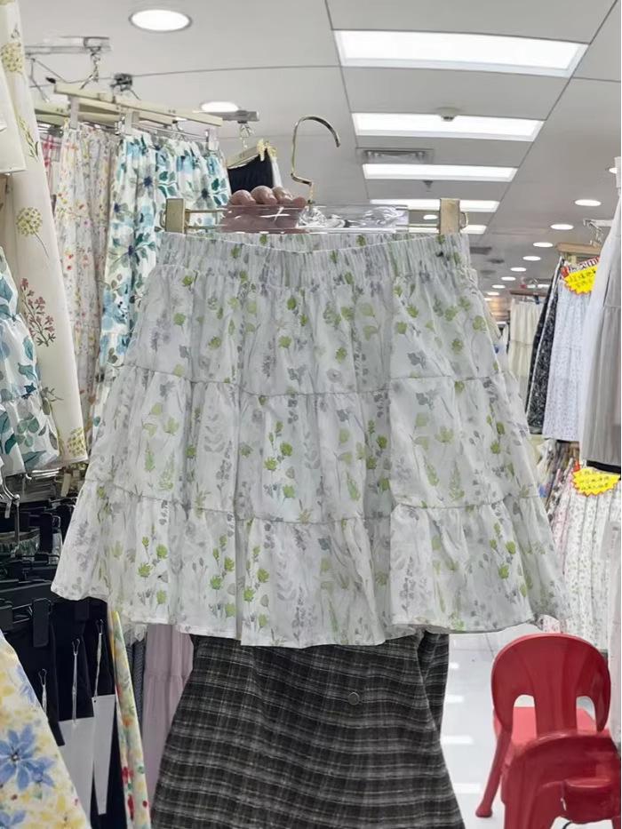 Women's Floral Print A-Line Mini Skirt - Summer High Waist, Slimming Korean Style, Sweet Pleated, Petite Layered Cake Design