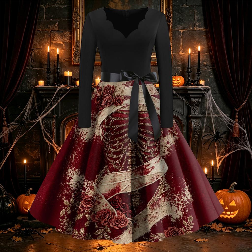 Women's Vintage V-Neck Long Sleeve Swing Dress with Halloween Print for Party Costume