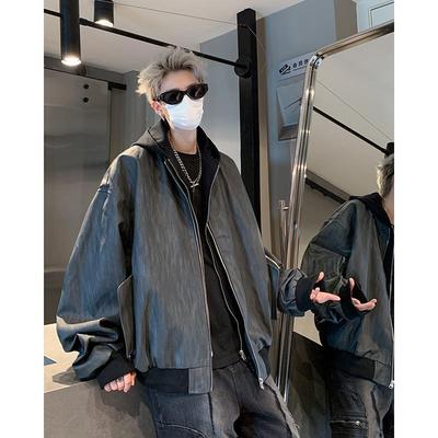 Herren Frühling & Herbst Trendige Lederjacke mit Kapuze - Zweiteiliger Stil, Amerikanischer Street Dark Rogue, Lockere Passform Pilotendesign