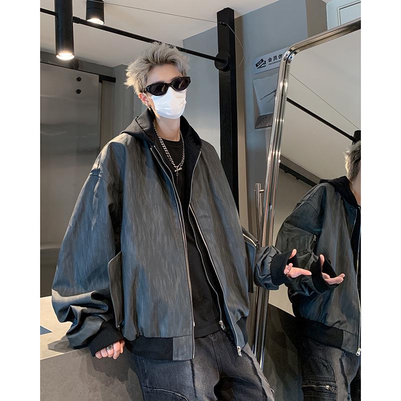 

Men s Spring & Autumn Trendy Hooded Leather Jacket - Two-Piece Style, American Street Dark Rogue, Loose Fit Pilot Design Large