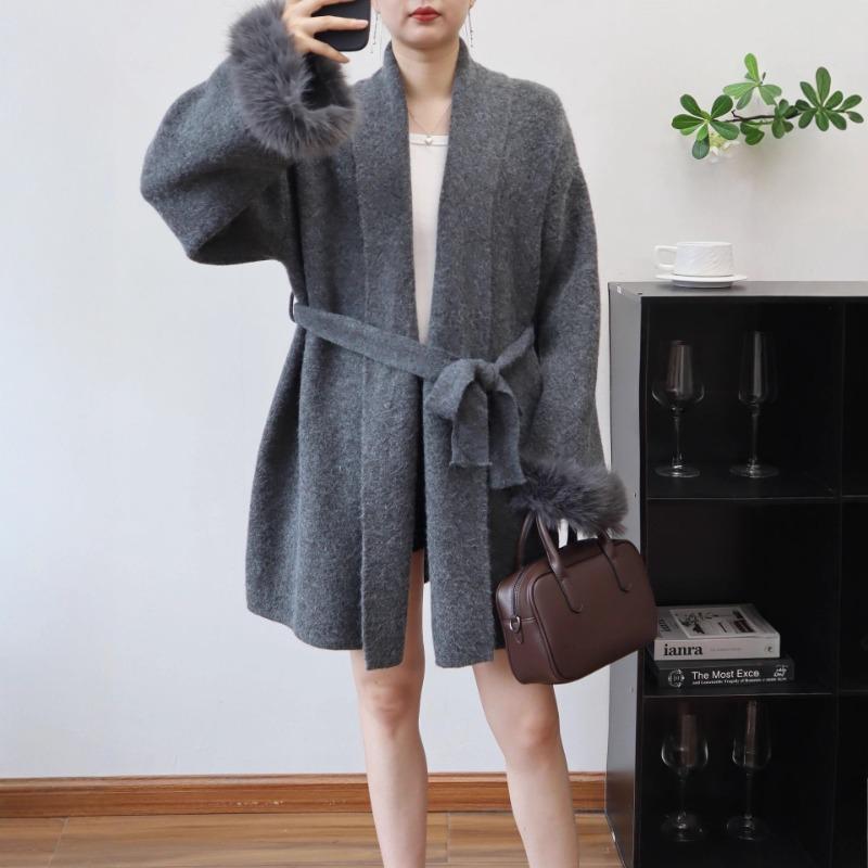Thickened splicing wool sleeve lace-up knitted cardigan autumn and winter new temperament high-end sweater jacket women
