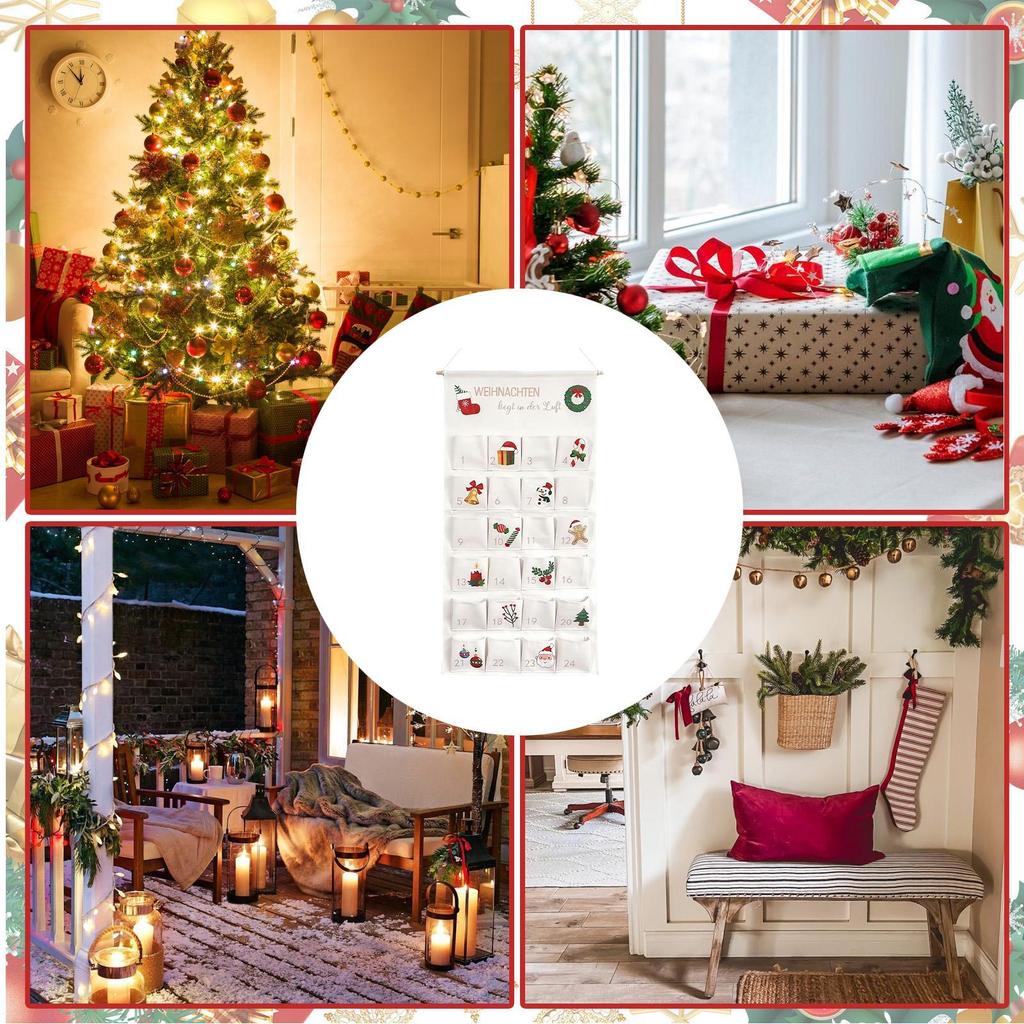 Bolsa Calendario de Adviento Navideño de 24 Días, Tela de Cuenta Atrás con Bolsillos, Colgante de Pared Festivo para Caramelos, Regalos para Sala de Estar