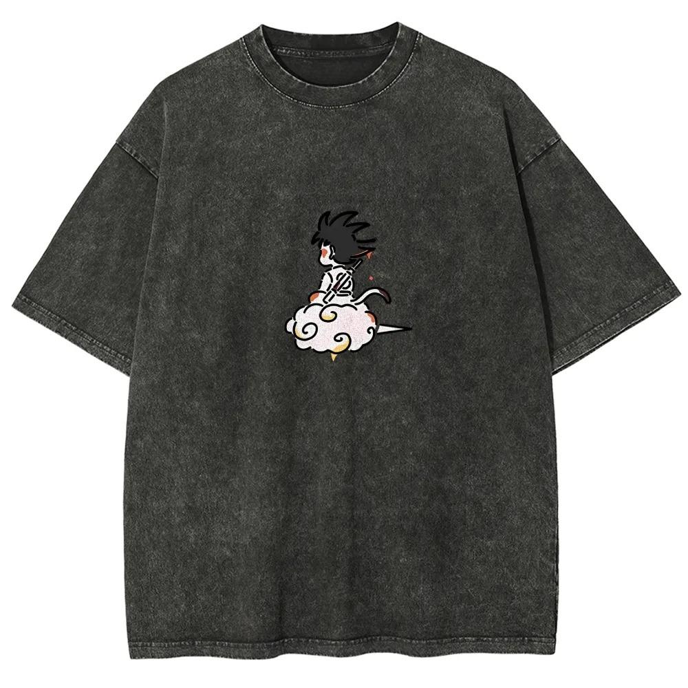 Kid Goku Flying Nimbus T Shirt Dragon Ball Z Anime Men Vintage Acid Wash Vintage Cotton Streetwear Kawaii Graphic Tee L