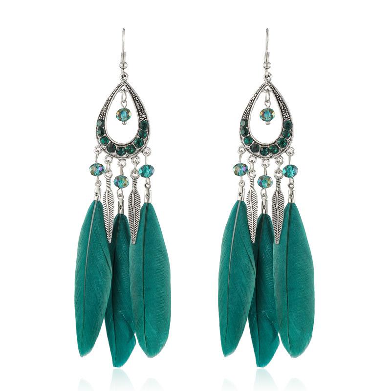 Bohemian Women Handmade Earrings For Female Colorful Long Feather Crystal Drop Tassel Dangle Earring Ladies Boho Jewelry Gift