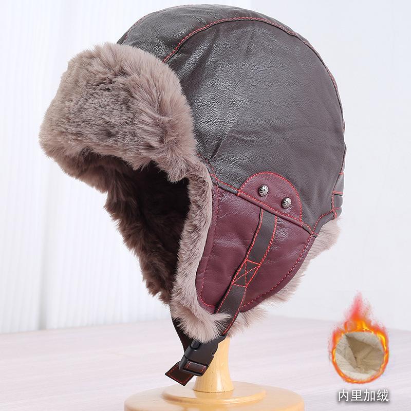 Retro pilot hat men's and women's winter velvet PU leather warm Lei Feng hat Northeast outdoor cycling ear protection hat