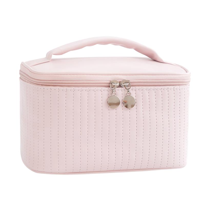 Large Capacity Water Resistant PU Fashion Travel Makeup Bag Zipper Closure Soft Handle for Cosmetics Skincare Vertical Storage