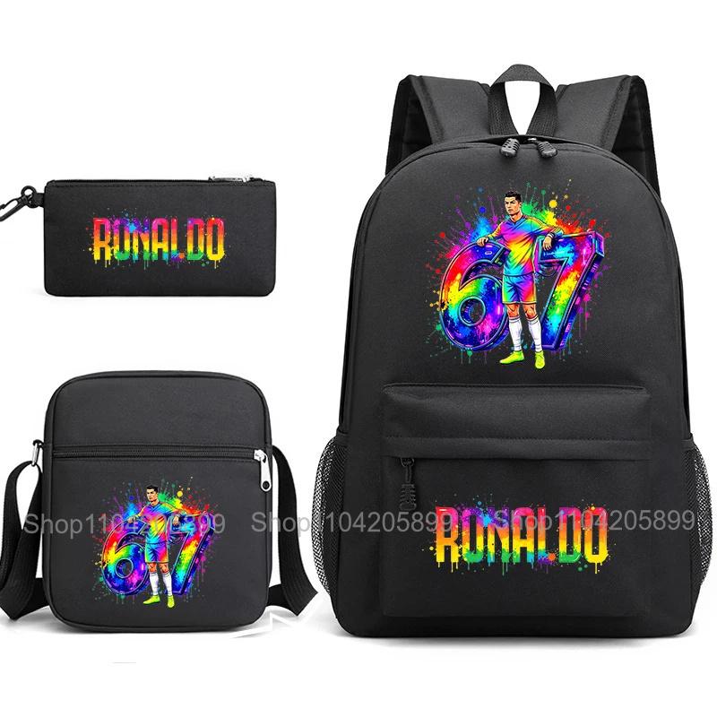 CR7 Ronaldo Backpack Football 67 Print School Bag With Shoulder Bag & Pencil Case For Student Boys Gift Daily Travel Rucksack