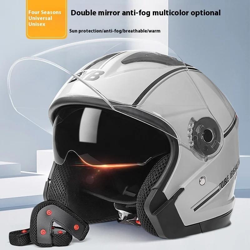 Motorcycle head double lens visor light scooter electric car retro open helmet 3/4 half helmet top protective mask