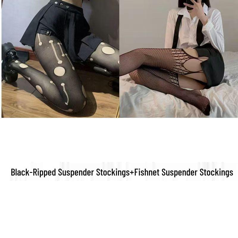 Vintage Black Silk Suspender Fishnet Stockings - Slim, Ripped Over-the-Knee for Spring & Autumn