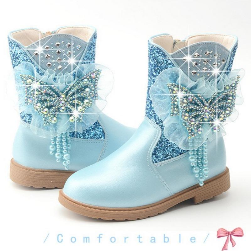 Autumn and Winter Children's Boots Fashionable Princess Boots Plus Velvet and Cotton Children's Shoes Bow Ankle Boots