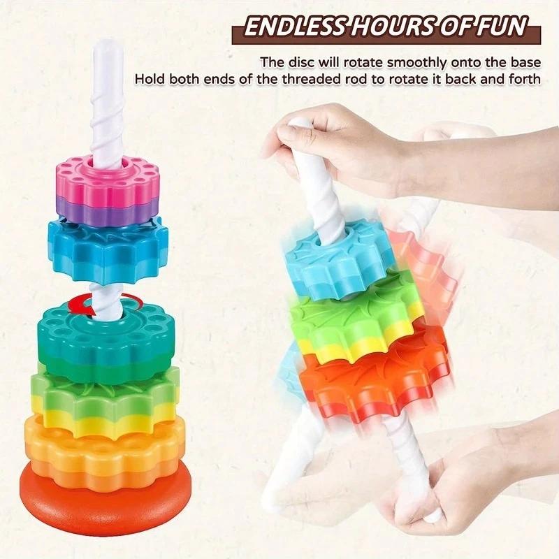 Children's Stacked Rainbow Tower Colorful Rotating Gear Ring Large Dimension Construction Bricks Puzzle Learning Playthings 1-3 Years