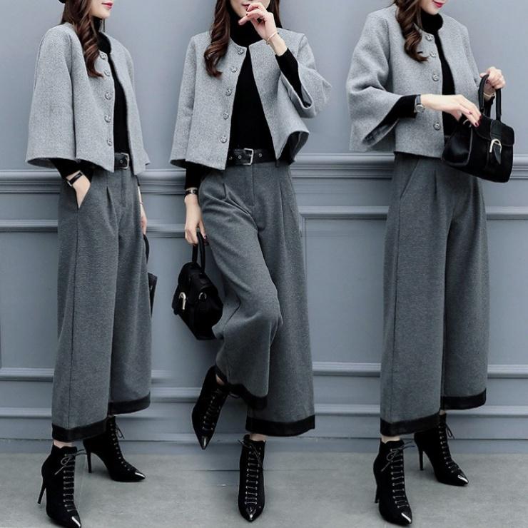Women's Autumn and Winter Plus Size Two-piece Pants Woolen Short Jacket Wide-leg Pants Casual Fashion Suit Women's Trend